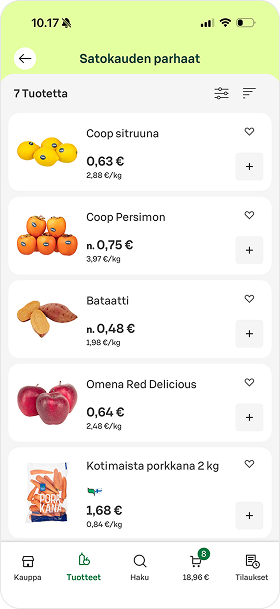 S-kaupat app displaying the category view, with text size set to Default