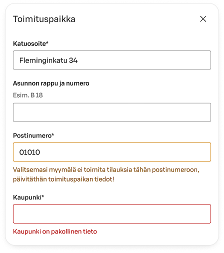 Example of an inaccessible modal form: one input is in an error state and another in a warning state, but the visual indicators rely on similar colors, reducing distinguishability.