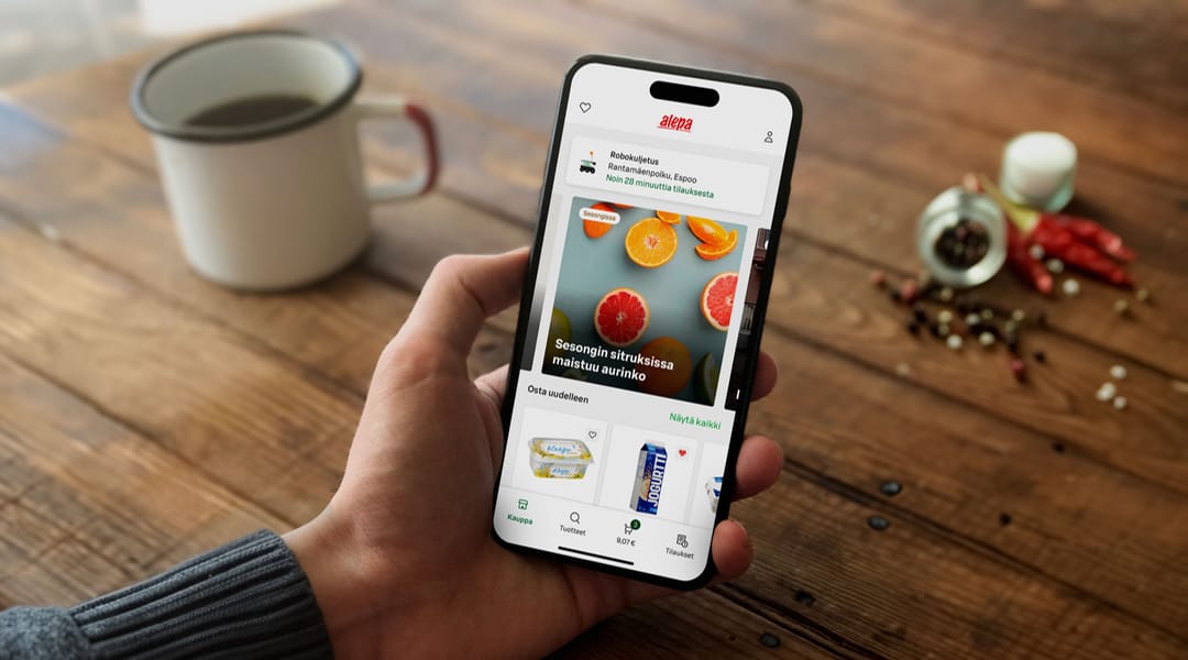 The S-kaupat mobile app opened on a phone, showing the estimated time for a robot delivery would be 28 minutes